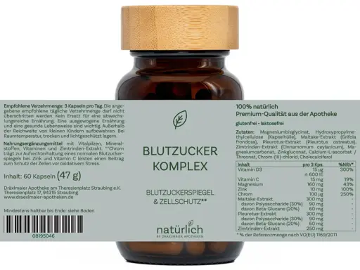 Braune Dose mit grauem Etikett – Blutzucker Komplex Nahrungsergänzungsmittel, Produktfoto natürlich by Dräxlmaier Apotheken