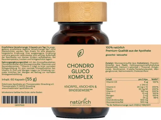 Braune Dose mit weißem Etikett – Chondro Gluco Komplex Nahrungsergänzungsmittel, Produktfoto natürlich by Dräxlmaier Apotheken
