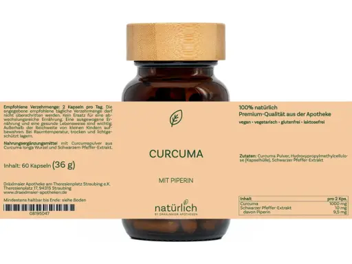 Braune Dose mit weißem Etikett – Curcuma mit Piperin Nahrungsergänzungsmittel, Produktfoto natürlich by Dräxlmaier Apotheken