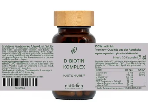 Braune Dose mit grauem Etikett – D-Biotin Komplex Nahrungsergänzungsmittel, Produktfoto natürlich by Dräxlmaier Apotheken