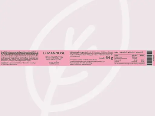 Weiße Dose mit rosa Etikett – D-Mannose Pulver, Nahrungsergänzungsmittel, Produktfoto natürlich by Dräxlmaier Apotheken