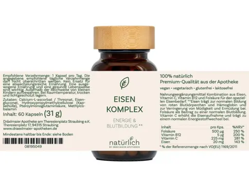 Braune Dose mit weißem Etikett – Eisen Komplex Nahrungsergänzungsmittel, Produktfoto natürlich by Dräxlmaier Apotheken