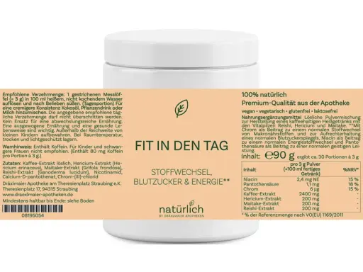 Weiße Dose mit beigem Etikett – Fit in den Tag Pulver, Nahrungsergänzungsmittel, Produktfoto natürlich by Dräxlmaier Apotheken