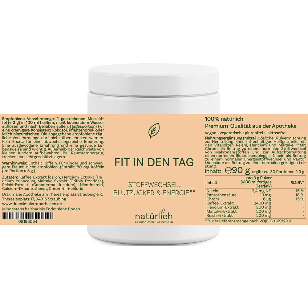 Weiße Dose mit beigem Etikett – Fit in den Tag Pulver, Nahrungsergänzungsmittel, Produktfoto natürlich by Dräxlmaier Apotheken