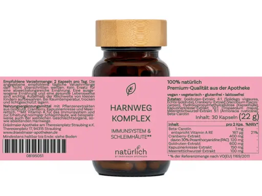 Braune Dose mit rosa Etikett – Harnweg Komplex Nahrungsergänzungsmittel, Produktfoto natürlich by Dräxlmaier Apotheken
