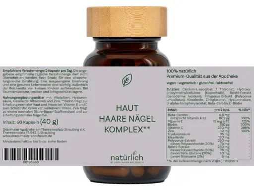 Braune Dose mit grauem Etikett – Haut Haare Nägel Komplex Nahrungsergänzungsmittel, Produktfoto natürlich by Dräxlmaier Apotheken