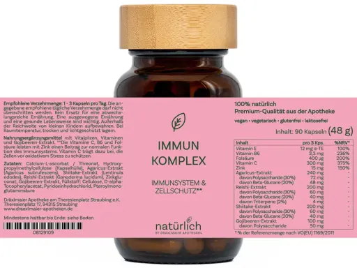 Braune Dose mit rosa Etikett – Immun Komplex Nahrungsergänzungsmittel, Produktfoto natürlich by Dräxlmaier Apotheken