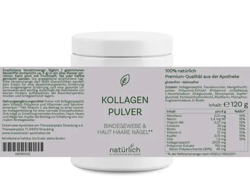 Weiße Dose mit grauem Etikett – Kollagen Pulver Nahrungsergänzungsmittel, Produktfoto natürlich by Dräxlmaier Apotheken
