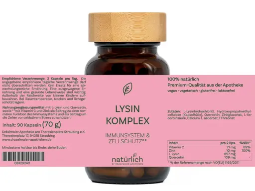 Braune Dose mit rosa Etikett – Lysin Komplex Nahrungsergänzungsmittel, Produktfoto natürlich by Dräxlmaier Apotheken
