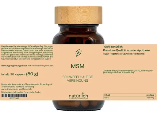 Braune Dose mit beigem Etikett – MSM Nahrungsergänzungsmittel, Produktfoto natürlich by Dräxlmaier Apotheken