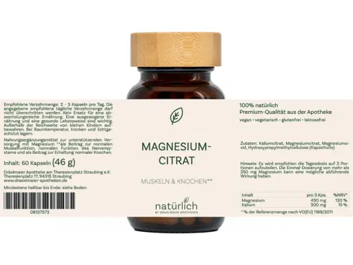 Braune Dose mit weißem Etikett – Magnesiumcitrat Nahrungsergänzungsmittel, Produktfoto natürlich by Dräxlmaier Apotheken