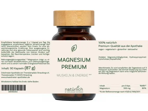 Braune Dose mit weißem Etikett – Magnesium Premium Nahrungsergänzungsmittel, Produktfoto natürlich by Dräxlmaier Apotheken