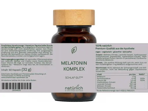Braune Dose mit grauem Etikett – Melatonin Komplex Nahrungsergänzungsmittel, Produktfoto natürlich by Dräxlmaier Apotheken