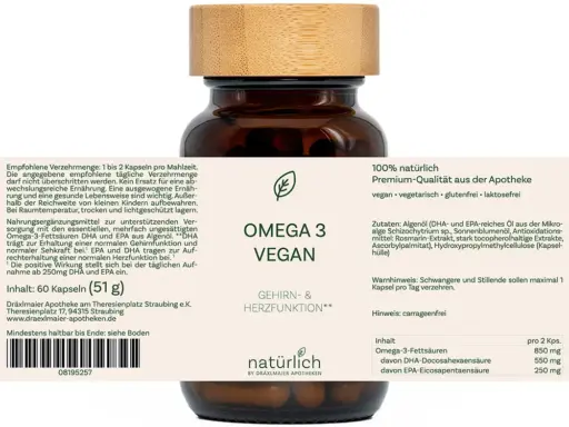 Braune Dose mit weißem Etikett – Omega 3 Vegan Nahrungsergänzungsmittel, Produktfoto natürlich by Dräxlmaier Apotheken