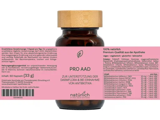 Braune Dose mit rosa Etikett – Pro AAD Nahrungsergänzungsmittel, Produktfoto natürlich by Dräxlmaier Apotheken