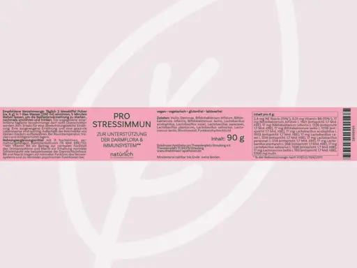 Weiße Dose mit rosa Etikett – Pro Stressimmun Pulver, Nahrungsergänzungsmittel, Produktfoto natürlich by Dräxlmaier Apotheken