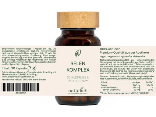 Braune Dose mit weißem Etikett – Selen Komplex Nahrungsergänzungsmittel, Produktfoto natürlich by Dräxlmaier Apotheken