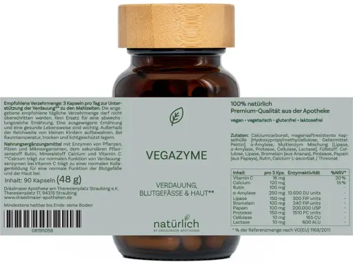 Braune Dose mit grauem Etikett – Vegazyme Enzymkomplex Nahrungsergänzungsmittel, Produktfoto natürlich by Dräxlmaier Apotheken