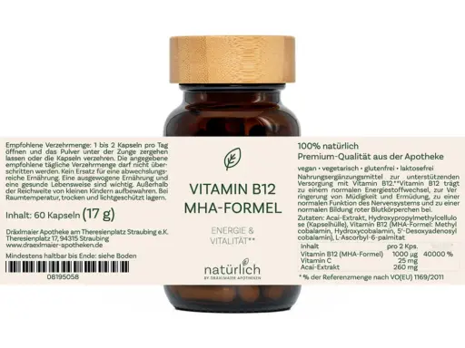 Braune Dose mit weißem Etikett – Vitamin B12 MHA-Formel Nahrungsergänzungsmittel, Produktfoto natürlich by Dräxlmaier Apotheken
