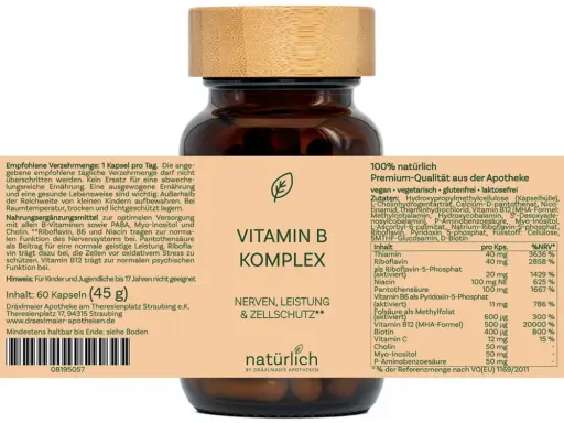 Braune Dose mit beigem Etikett – Vitamin B Komplex Nahrungsergänzungsmittel, Produktfoto natürlich by Dräxlmaier Apotheken