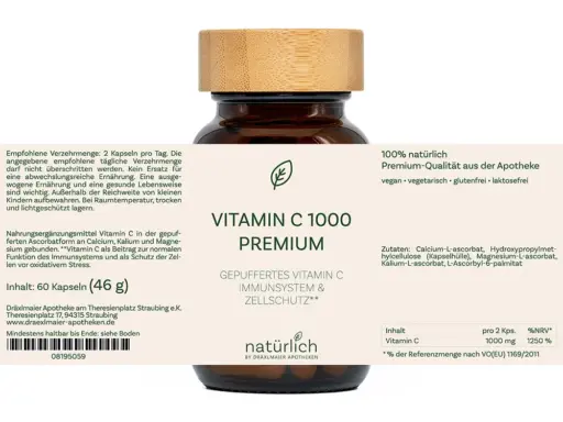 Braune Dose mit weißem Etikett – Vitamin C 1000 Premium Nahrungsergänzungsmittel, Produktfoto natürlich by Dräxlmaier Apotheken