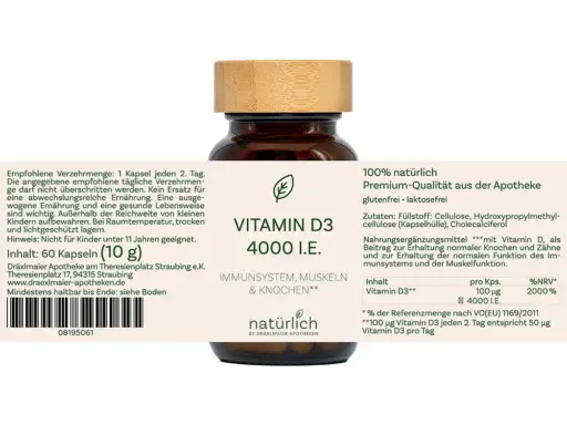 Braune Dose mit weißem Etikett – Vitamin D3 4000 I.E. Nahrungsergänzungsmittel, Produktfoto natürlich by Dräxlmaier Apotheken