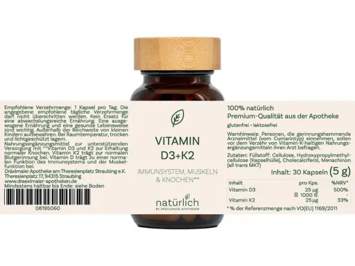 Braune Dose mit weißem Etikett – Vitamin D3 + K2 Nahrungsergänzungsmittel, Produktfoto natürlich by Dräxlmaier Apotheken