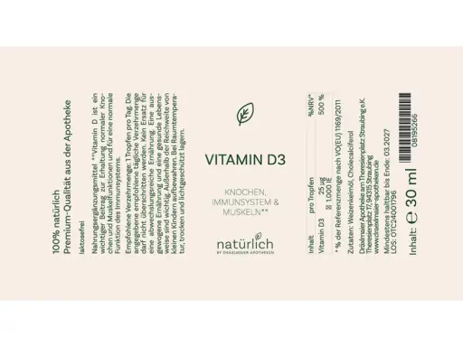 Braune Flasche mit weißem Etikett – Vitamin D3 Tropfen Nahrungsergänzungsmittel, Produktfoto natürlich by Dräxlmaier Apotheken