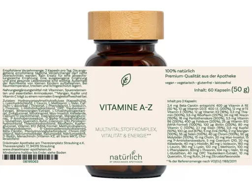 Braune Dose mit weißem Etikett – Vitamine A-Z Nahrungsergänzungsmittel, Produktfoto natürlich by Dräxlmaier Apotheken