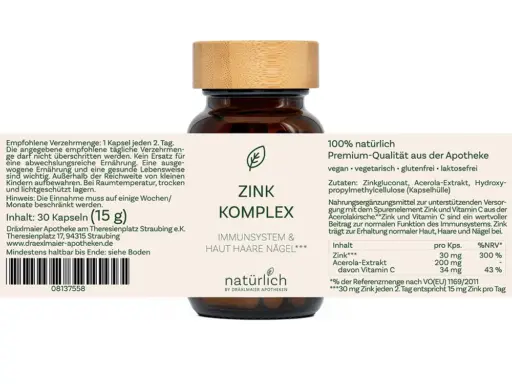 Braune Dose mit weißem Etikett – Zink Komplex Nahrungsergänzungsmittel, Produktfoto natürlich by Dräxlmaier Apotheken