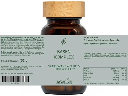 Braune Dose mit grauem Etikett – Basen Komplex Nahrungsergänzungsmittel, Produktfoto natürlich by Dräxlmaier Apotheken