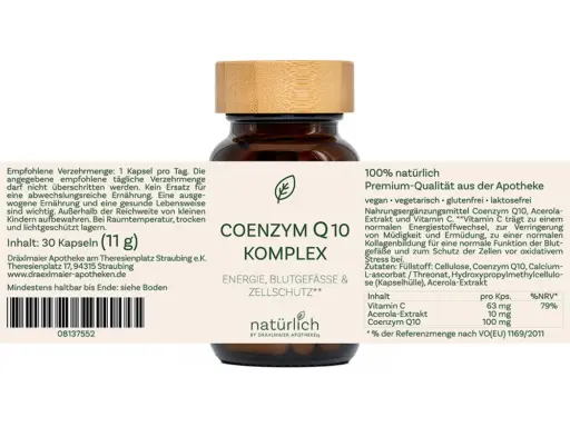Braune Dose mit weißem Etikett – Coenzym Q10 Komplex Nahrungsergänzungsmittel, Produktfoto natürlich by Dräxlmaier Apotheken