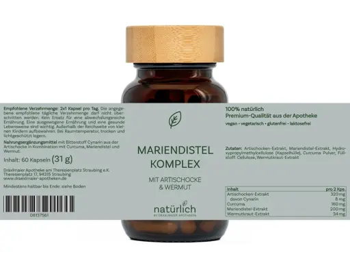 Braune Dose mit grauem Etikett – Mariendistel Komplex Nahrungsergänzungsmittel, Produktfoto natürlich by Dräxlmaier Apotheken