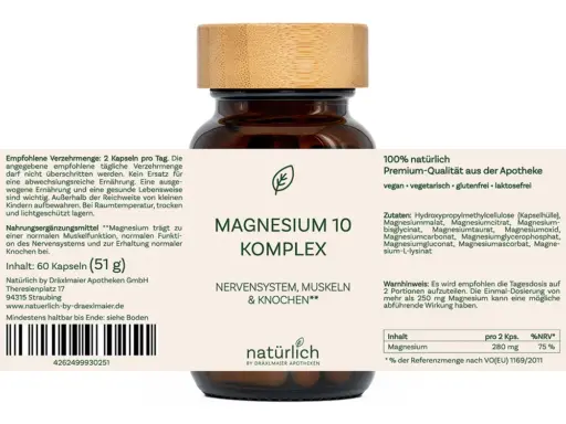Braune Dose mit weißem Etikett – Magnesium 10 Komplex Nahrungsergänzungsmittel, Produktfoto natürlich by Dräxlmaier Apotheken