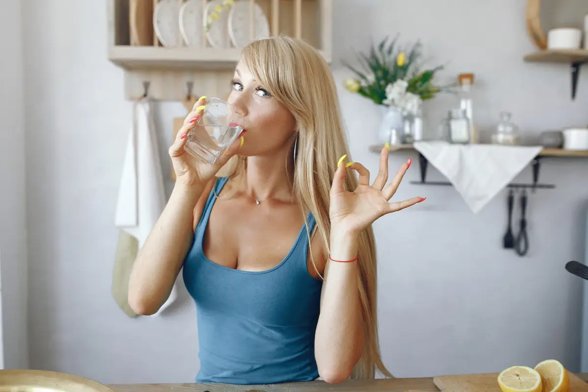 Junge blonde Frau trinkt ein Glas Wasser in ihrer Küche und zeigt mit der Hand ein zufriedenes Zeichen – Wasser trinken: Wirkung auf Energie und Konzentration
